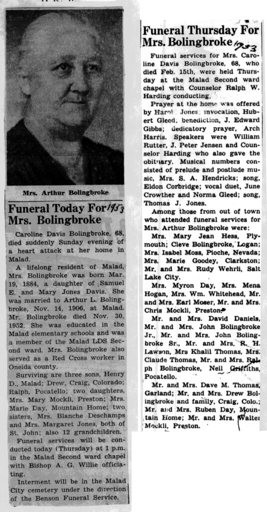 Caroline Davis Bolingbroke obit and funeral