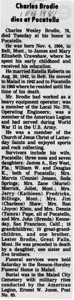 Charles Wesley Brodie obit