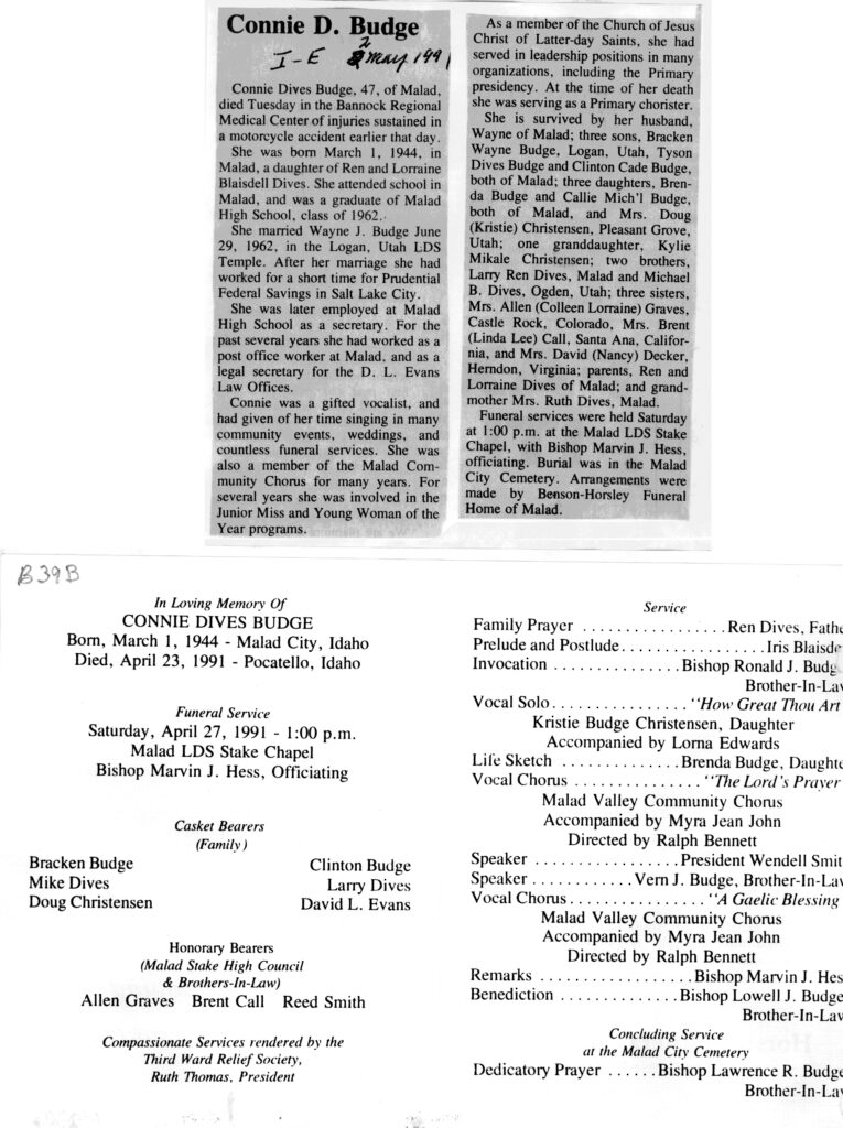 Connie Dives Budge obit and funeral