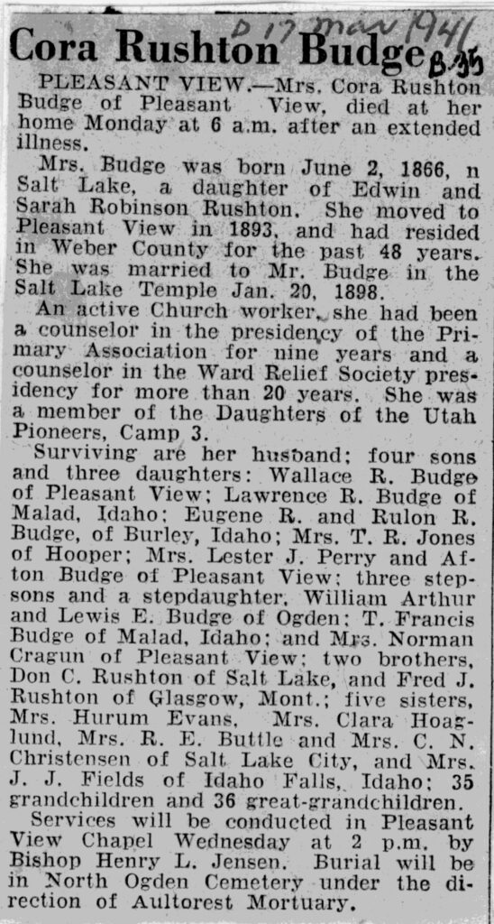 Cora Rushton Budge obit