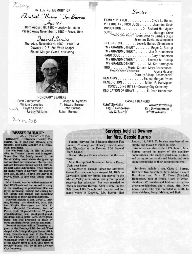 Elizabeth (Bessie) Fox Burrup obit and program