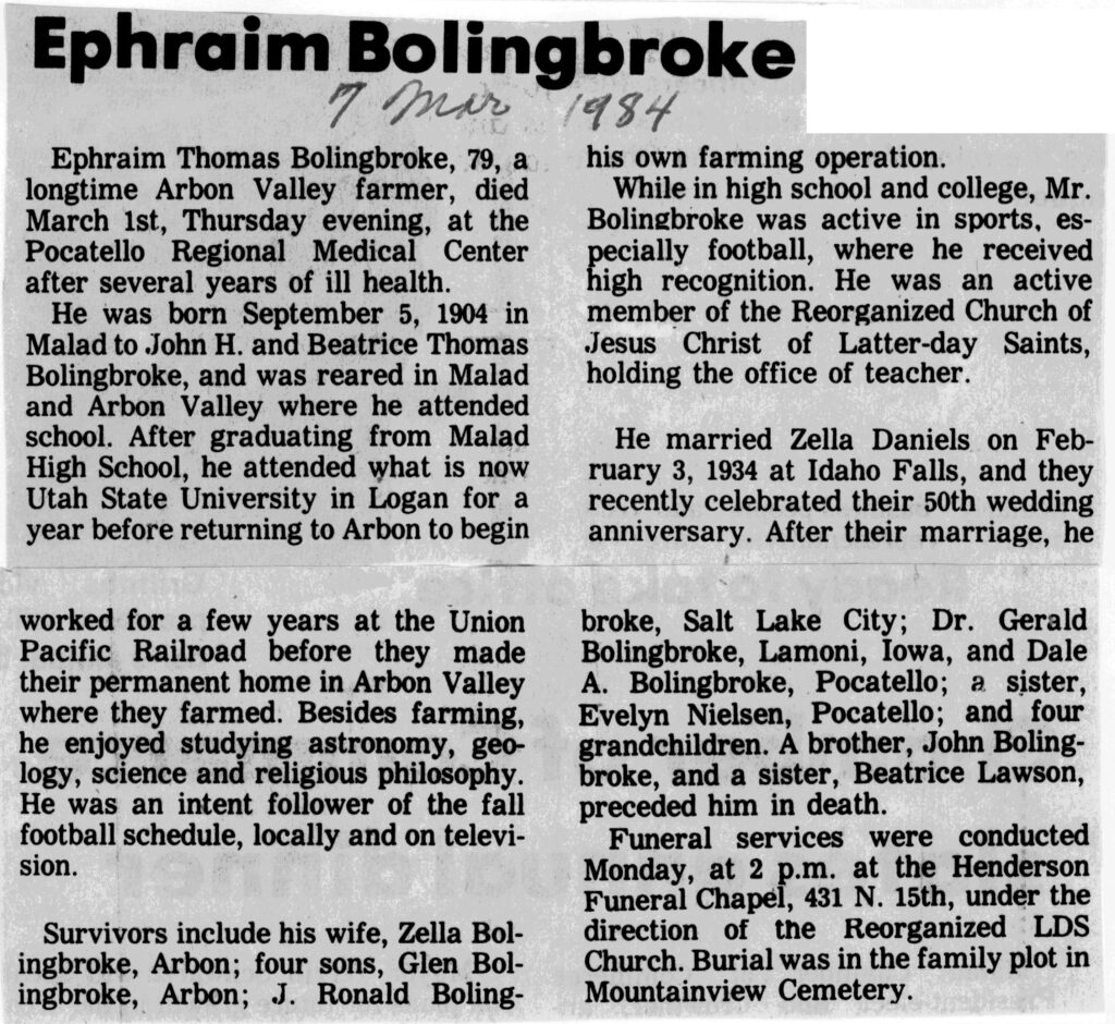 Ephraim Thomas Bolingbroke obit