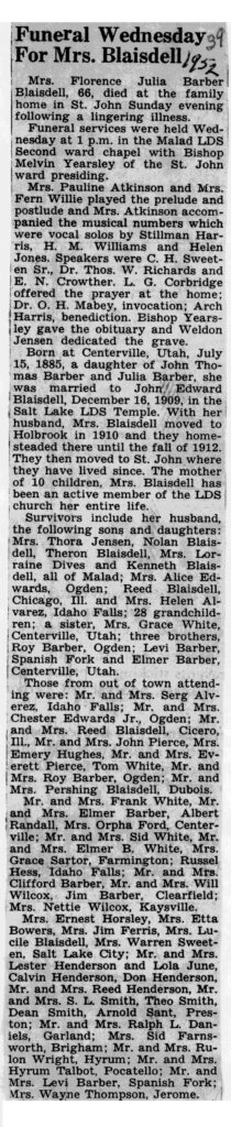 Florence Julia Barber Blaisdell funeral