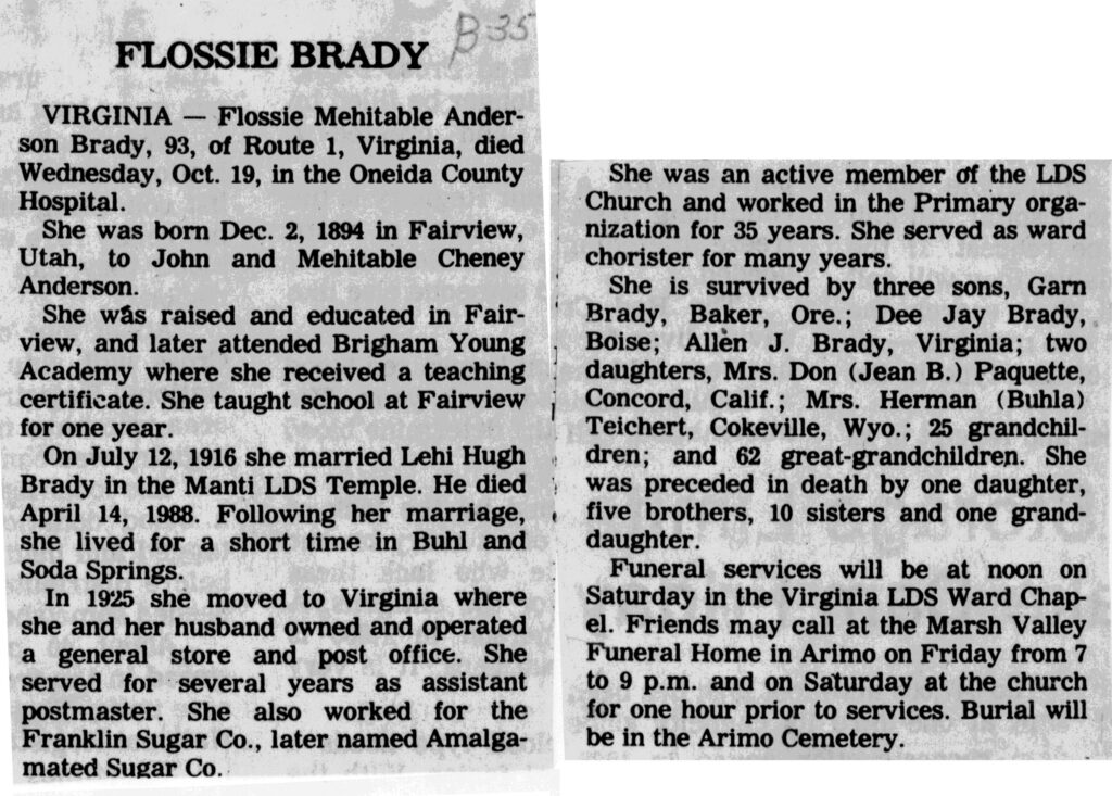 Flossie Mehitable Anderson Brady obit