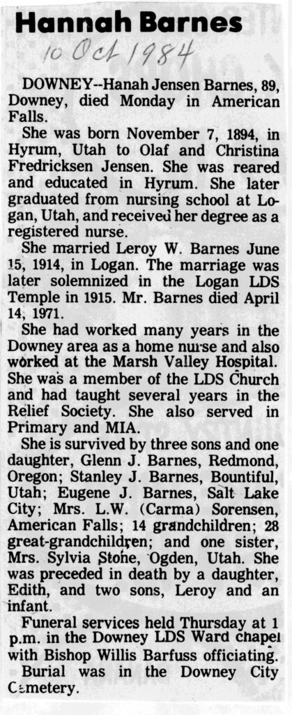 Hannah Jensen Barnes obit