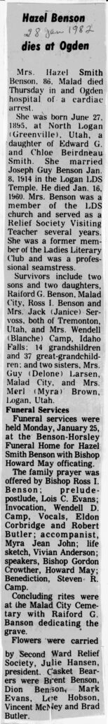 Hazel Smith Benson obit and funeral