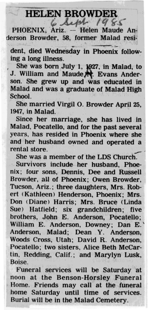 Helen Maude Anderson Browder obit