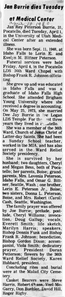 Jan Rey Peterson Burrie obit and funeral