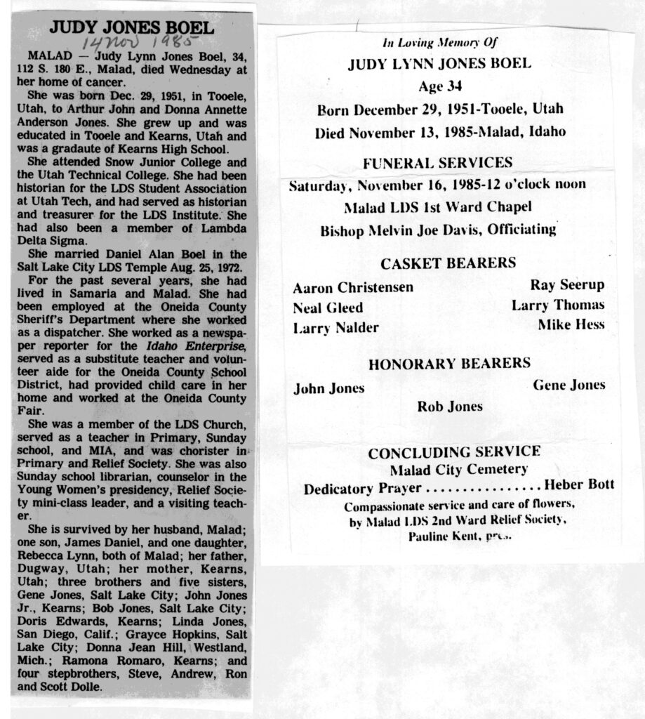 Judy Lynn Jones Boel obit and program