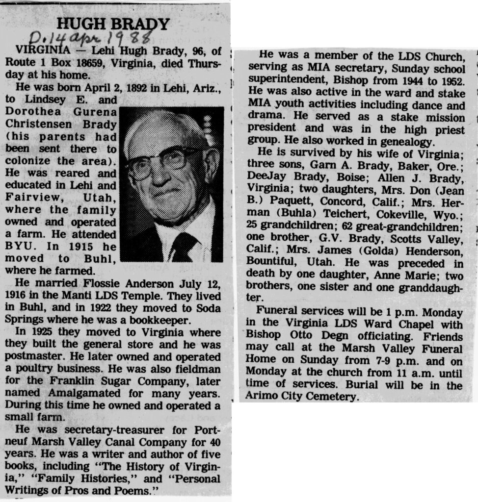Lehi Hugh Brady obit