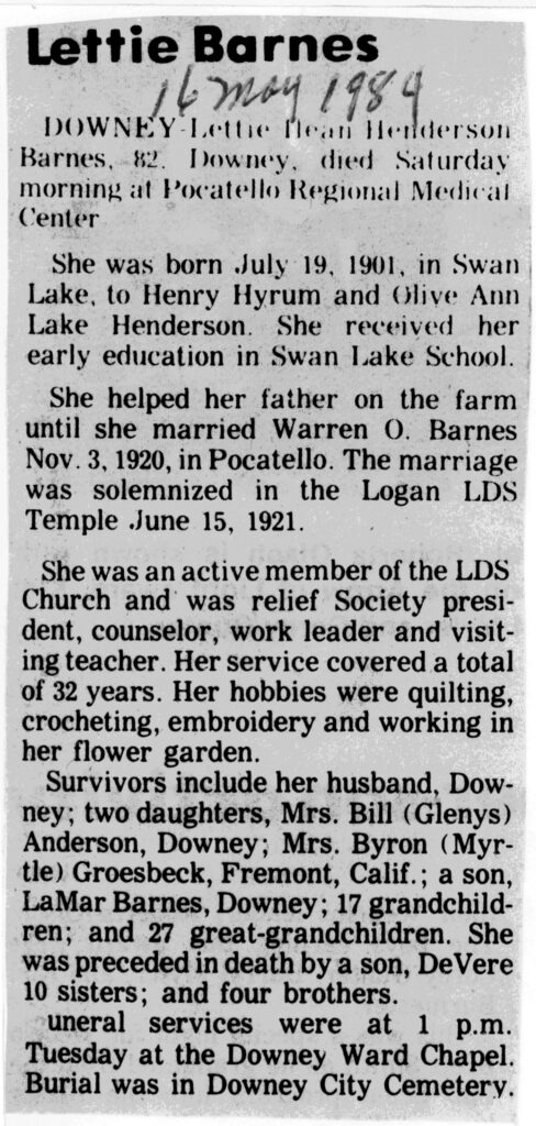 Lettie Dean Henderson Barnes obit