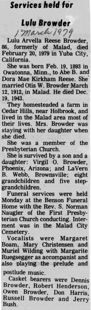 Lulu Arvella Reese Browder obit