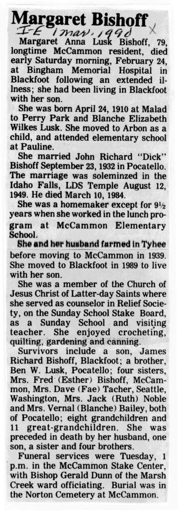 Margaret Anna Lusk Bishoff obit