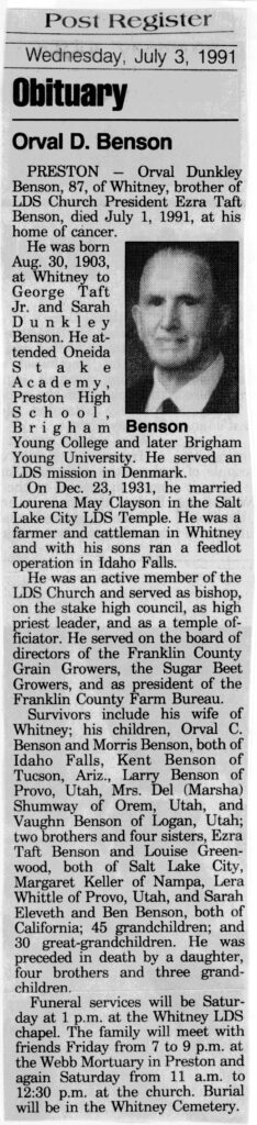 Orval Dunkley Benson obit