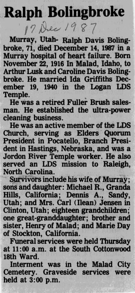 Ralph Davis Bolingbroke obit