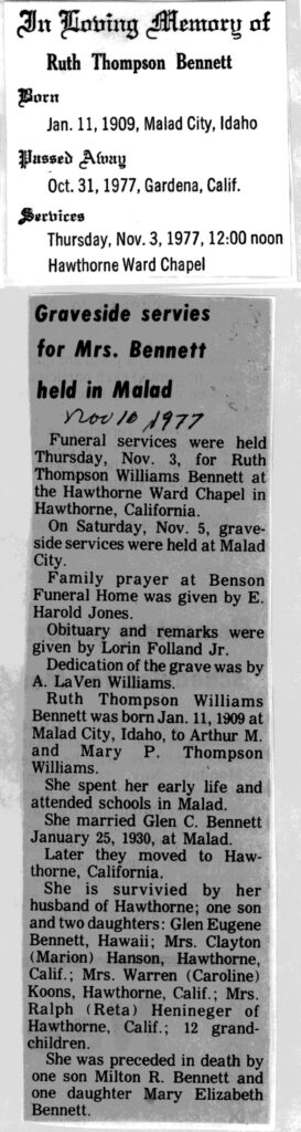 Ruth Thompson Williams Bennett obit and funeral