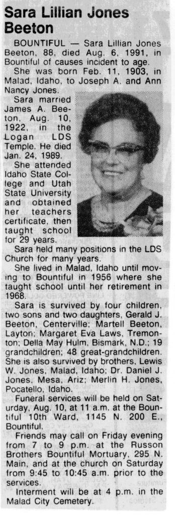 Sara Lillian Jones Beeton obit