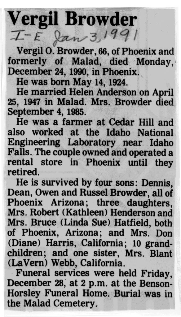 Vergil O Browder obit