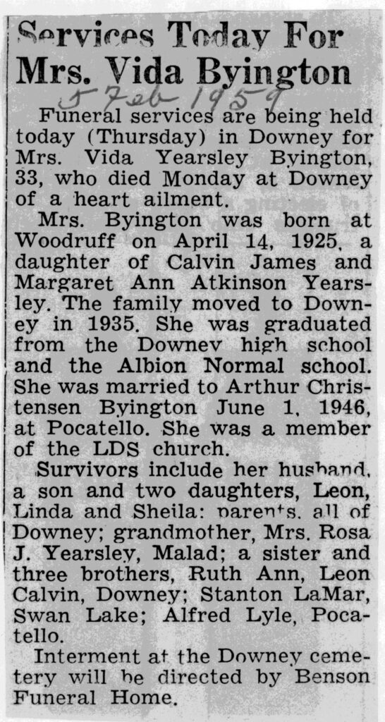 Vida Yearsley Byington obit