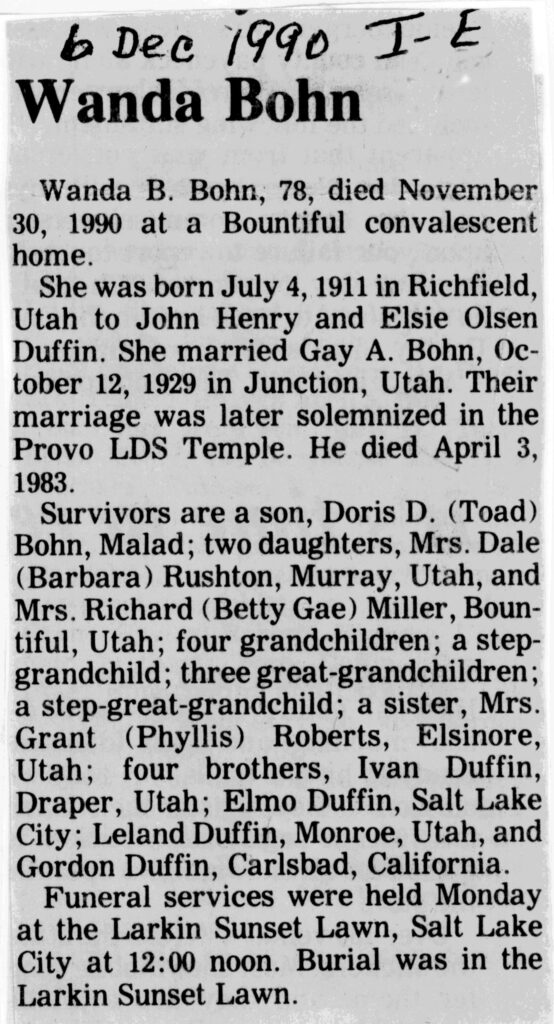 Wanda B Bohn obit