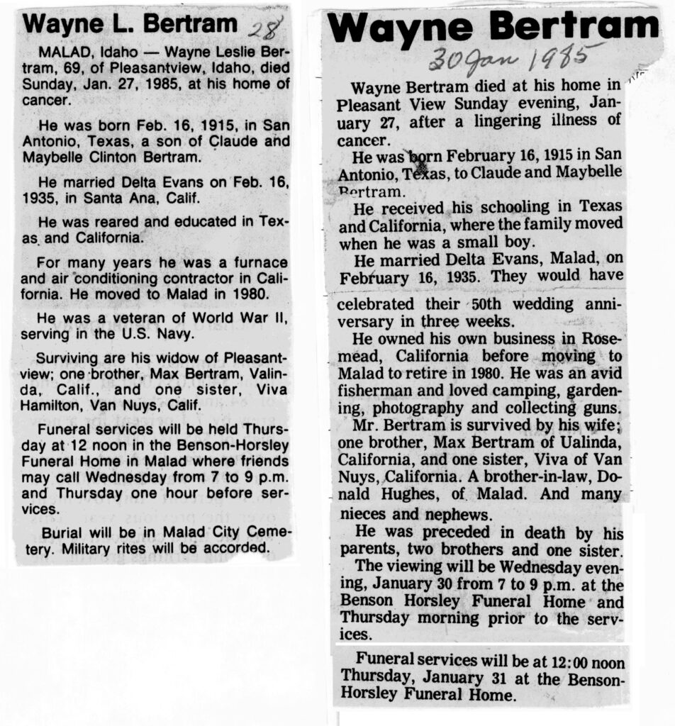 Wayne Leslie Bertram obit