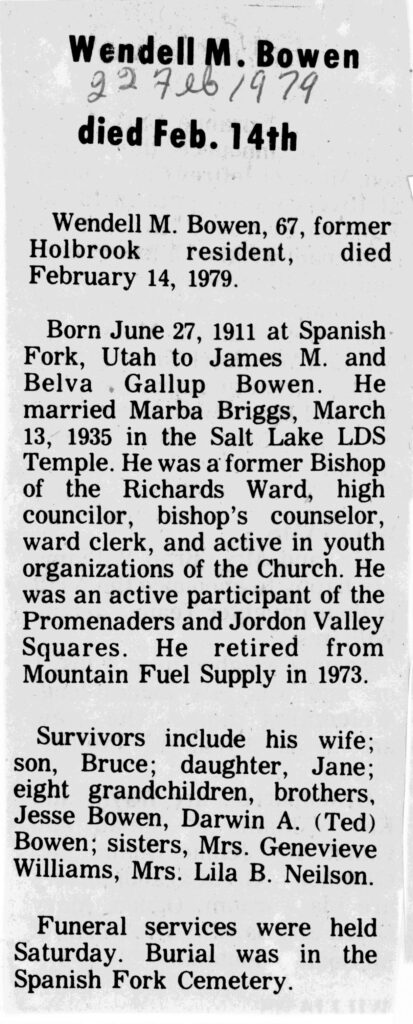 Wendell M Bowen obit