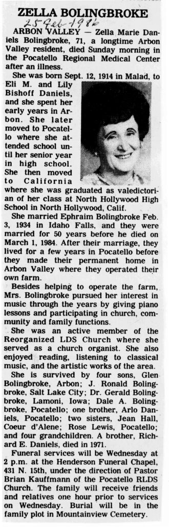 Zella Marie Daniels Bolingbroke obit