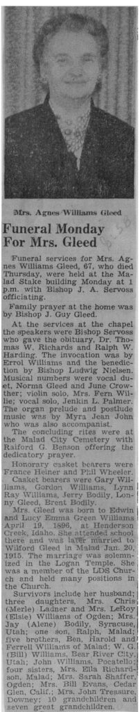 Agnes Williams Gleed obit and funeral