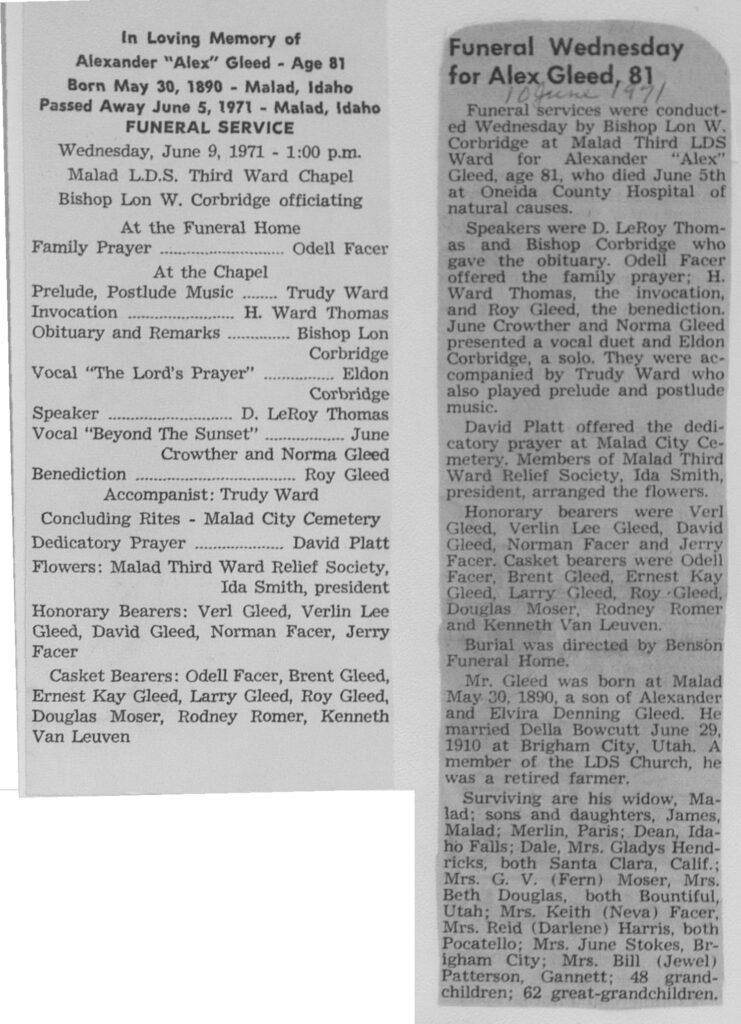 Alexander (Alex) Gleed obit and program