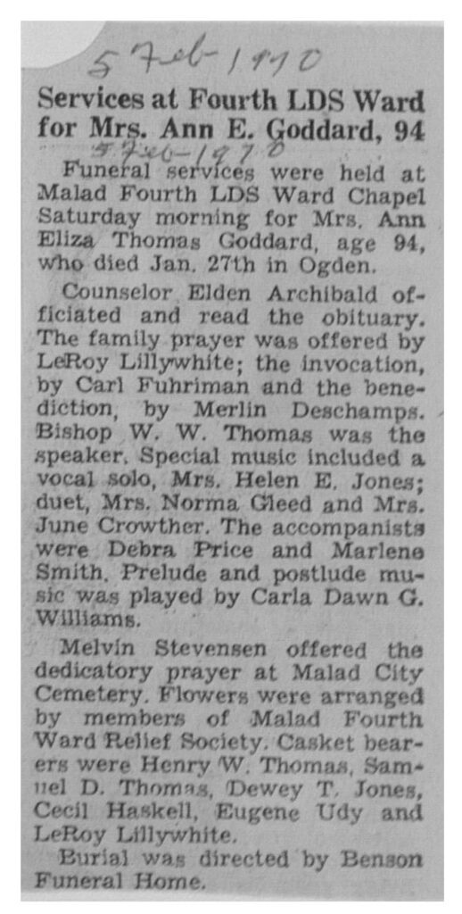 Ann Eliza Thomas Goddard funeral