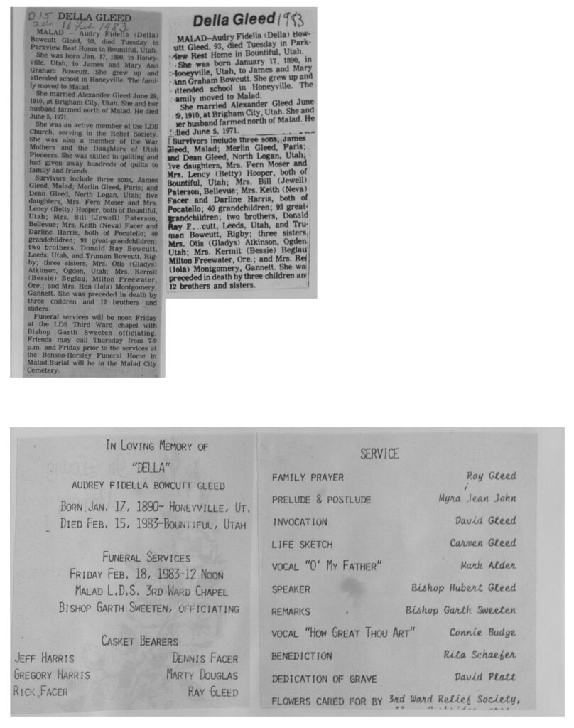 Audrey Fidella (Della) Bowcutt Gleed obit and program