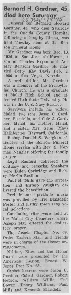 Bernard H Gardner obit and funeral