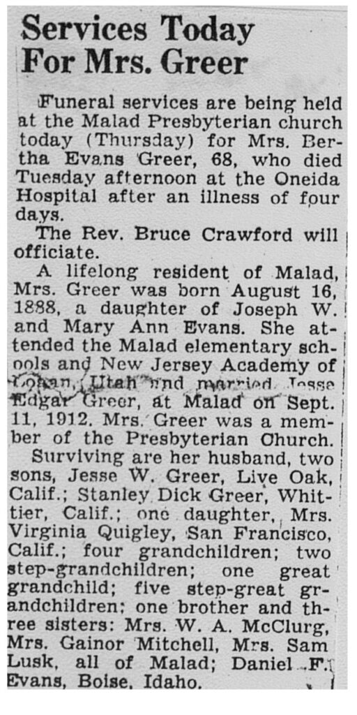 Bertha Evans Greer obit