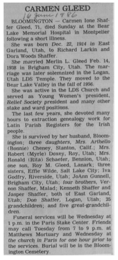 Carment Ione Shaffer Gleed obit