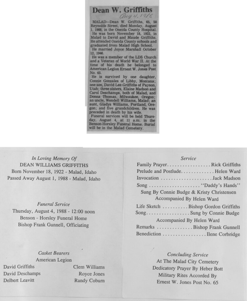 Dean Williams Griffiths obit and program