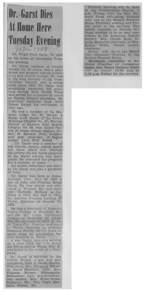 Dr Virgil Paul Garst obit