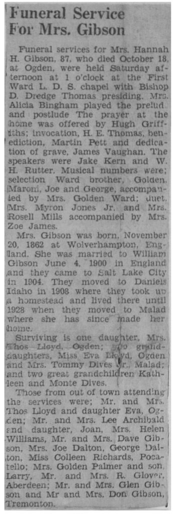 Hannah H Gibson obit and funeral