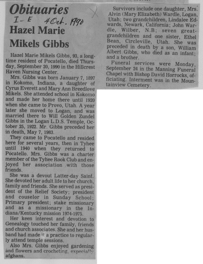 Hazel Marie Mikels Gibbs obit