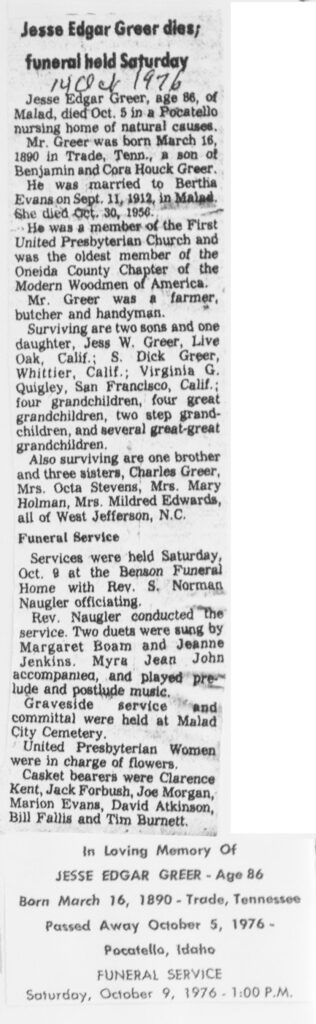 Jesse Edgar Greer obit and funeral