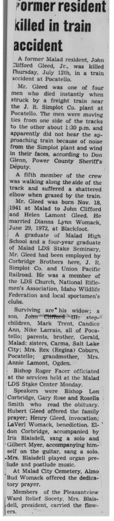 John Clifford Gleed accident report and obit and funeral