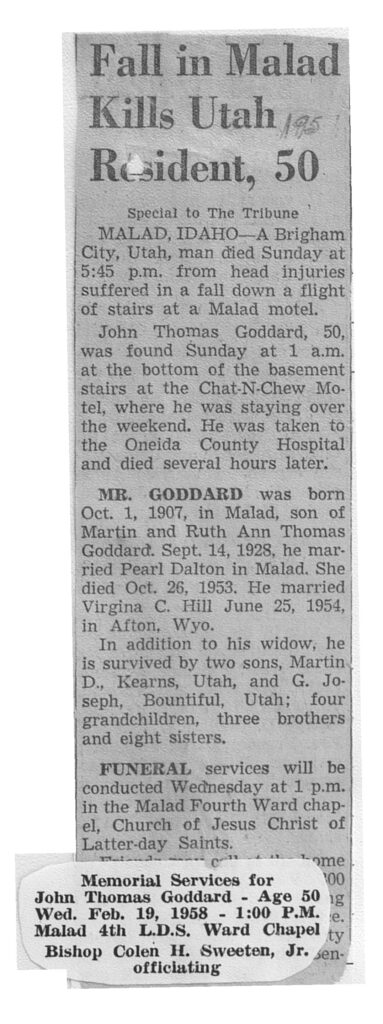 John Thomas Goddard accident report and obit