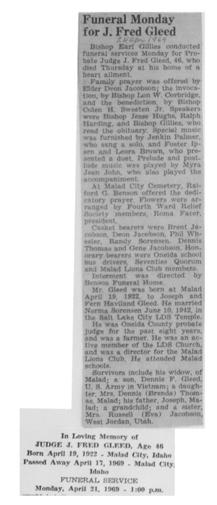 Judge J Fred Gleed obit and funeral