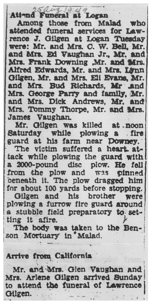 Lawrence J Gilgen accident report and funeral attenders