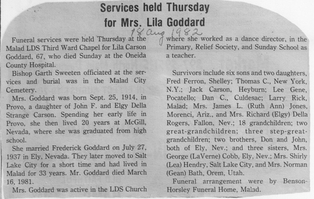 Lila Carson Goddard obit