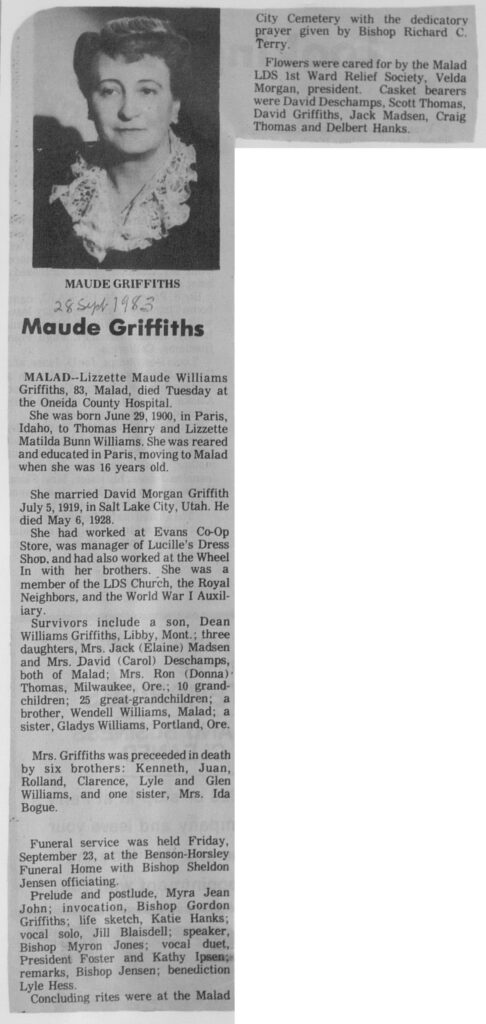Lizzette Maude Williams Griffiths obit and funeral