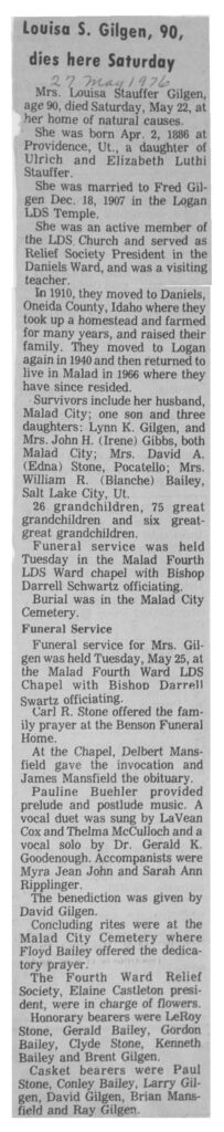 Louisa Stauffer Gilgen obit and funeral