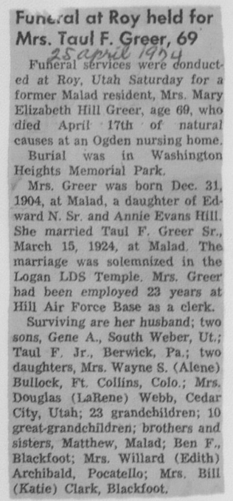 Mary Elizabeth Hill Greer obit