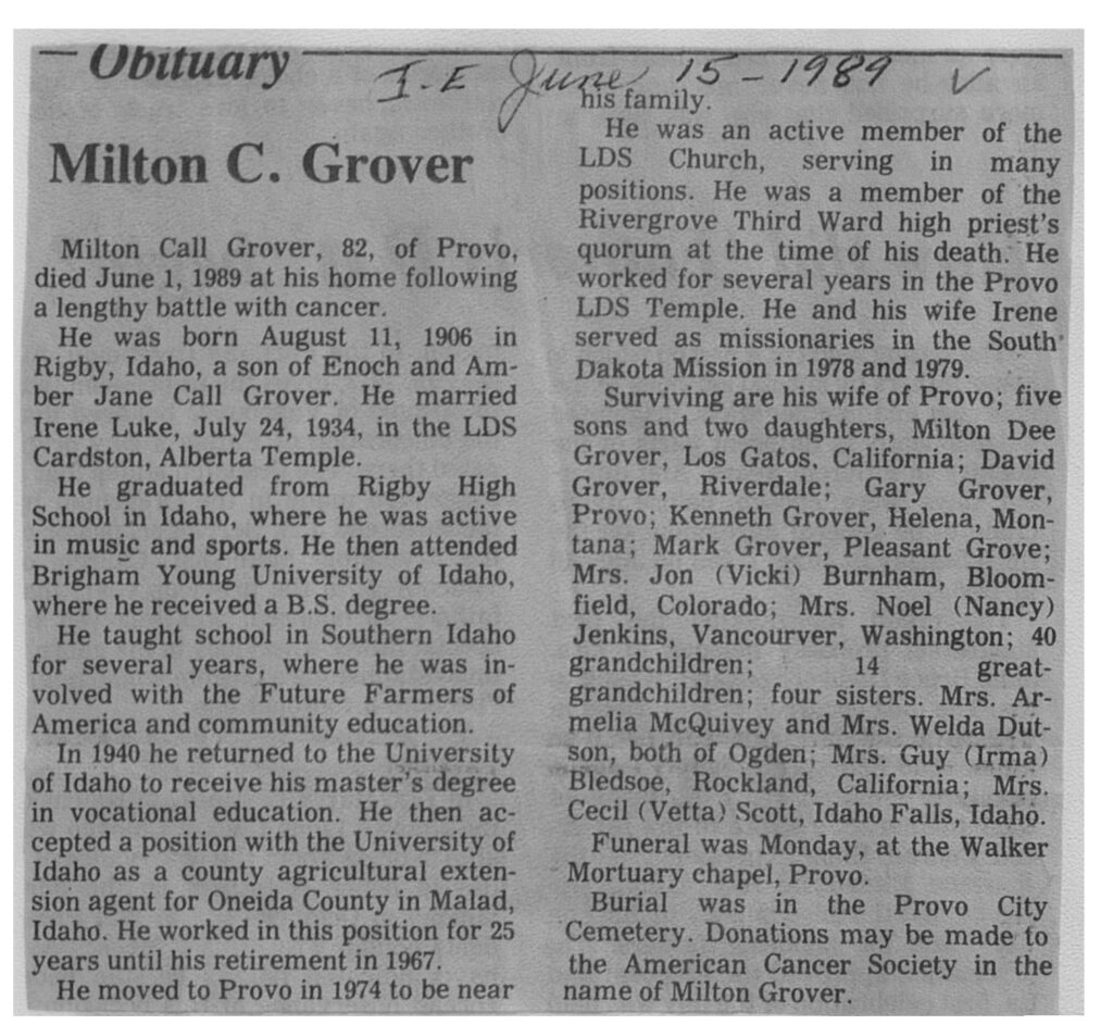 Milton Call Grover obit