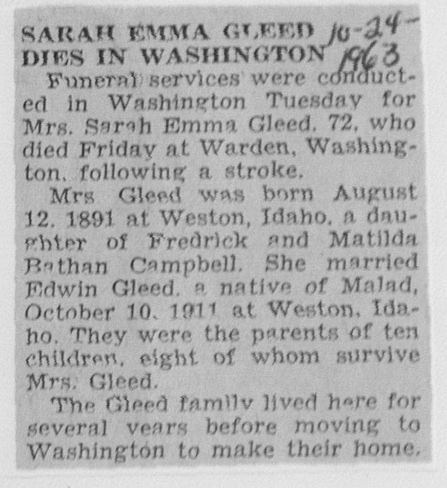 Sarah Emma Gleed obit
