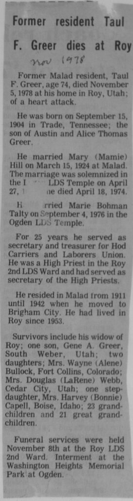 Taul F Greer obit